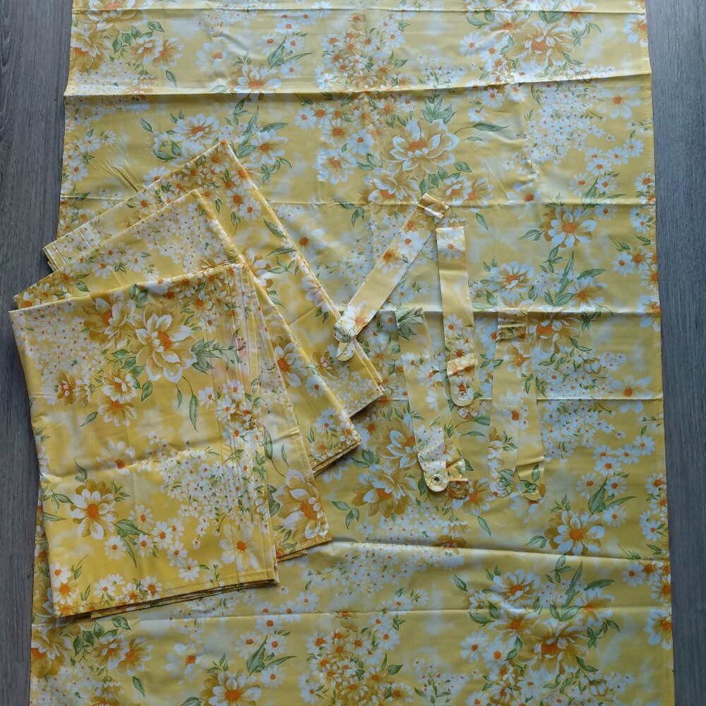 Vintage Vinyl Window Curtains Yellow Floral Set of 4 Panels Tiebacks 33" x 46.5"